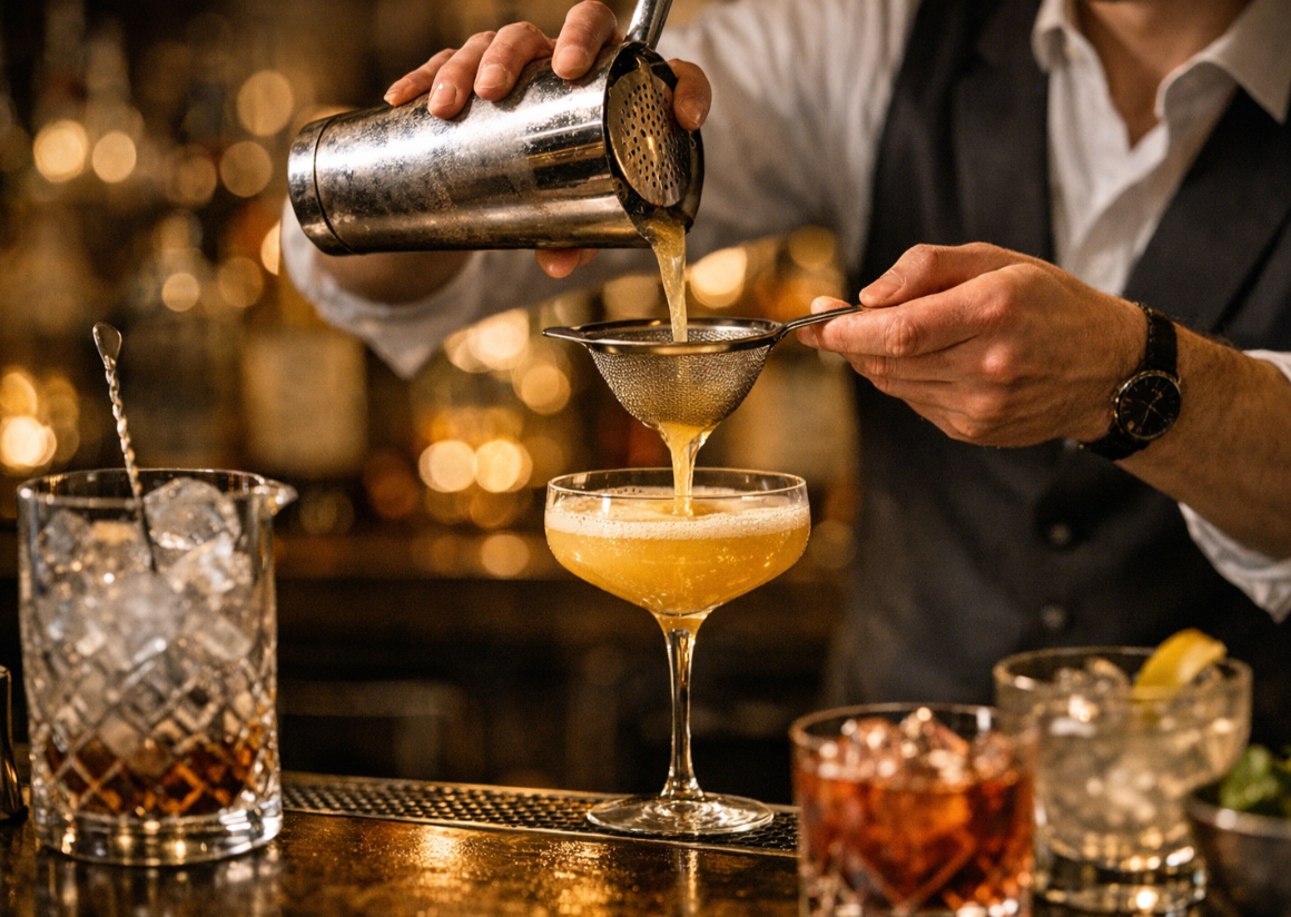 Bartenders preparing drinks behind the bar during live event service.