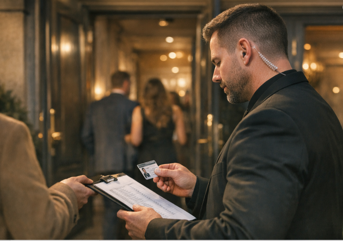 Security staff checking guest identification at an event entrance.